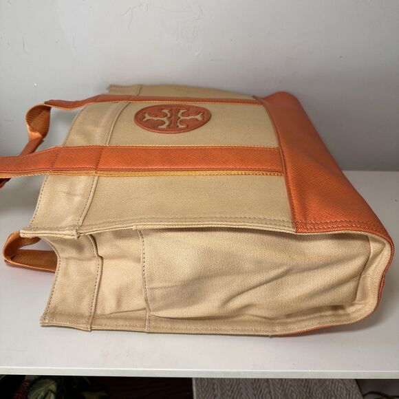 TORY BURCH Tote Bag Orange Leather Canvas Top Handle Limited Edition EUC Rare - Picture 3 of 9